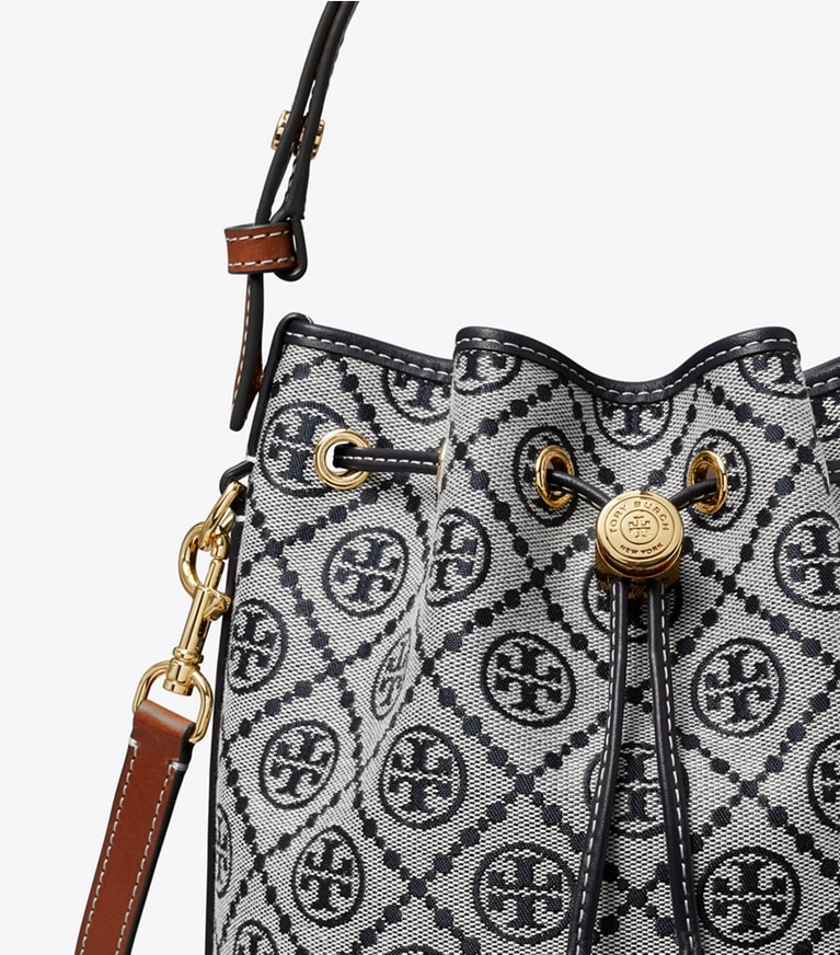 Tory Burch designer crossbody bags T Monogram Bucket Bag in Tory Navy angle