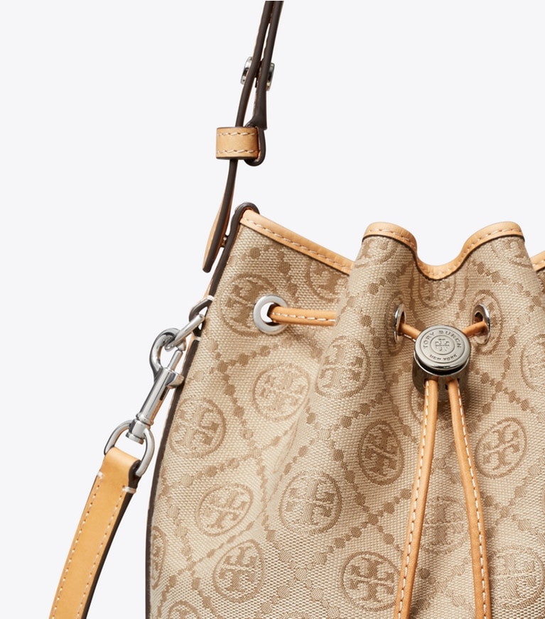 Tory Burch designer crossbody bags T Monogram Bucket Bag in Flax detail