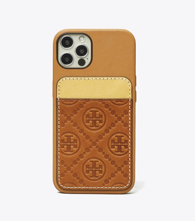 Tory Burch designer tech accessories T Monogram Card Pocket Phone Case in Classic Cuoio front