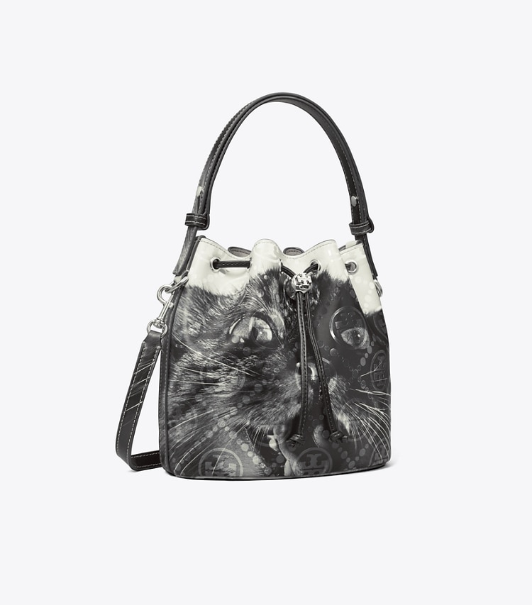 Tory Burch designer クロスボディバッグ Tモノグラム キャットプリント バケットバッグ in Gray CAT PORTRAIT angle