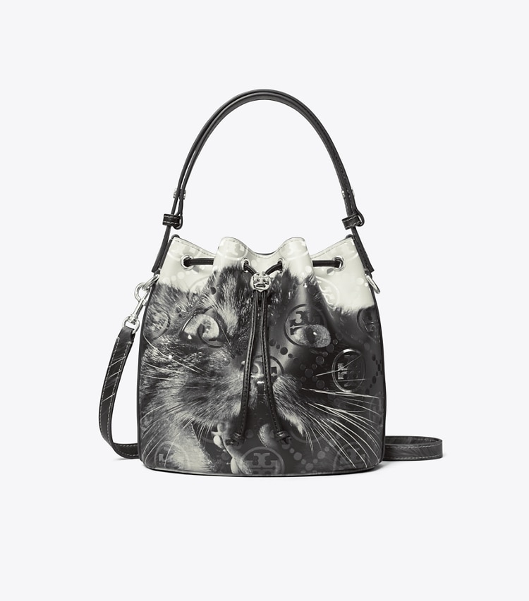 Tory Burch designer クロスボディバッグ Tモノグラム キャットプリント バケットバッグ in Gray CAT PORTRAIT front