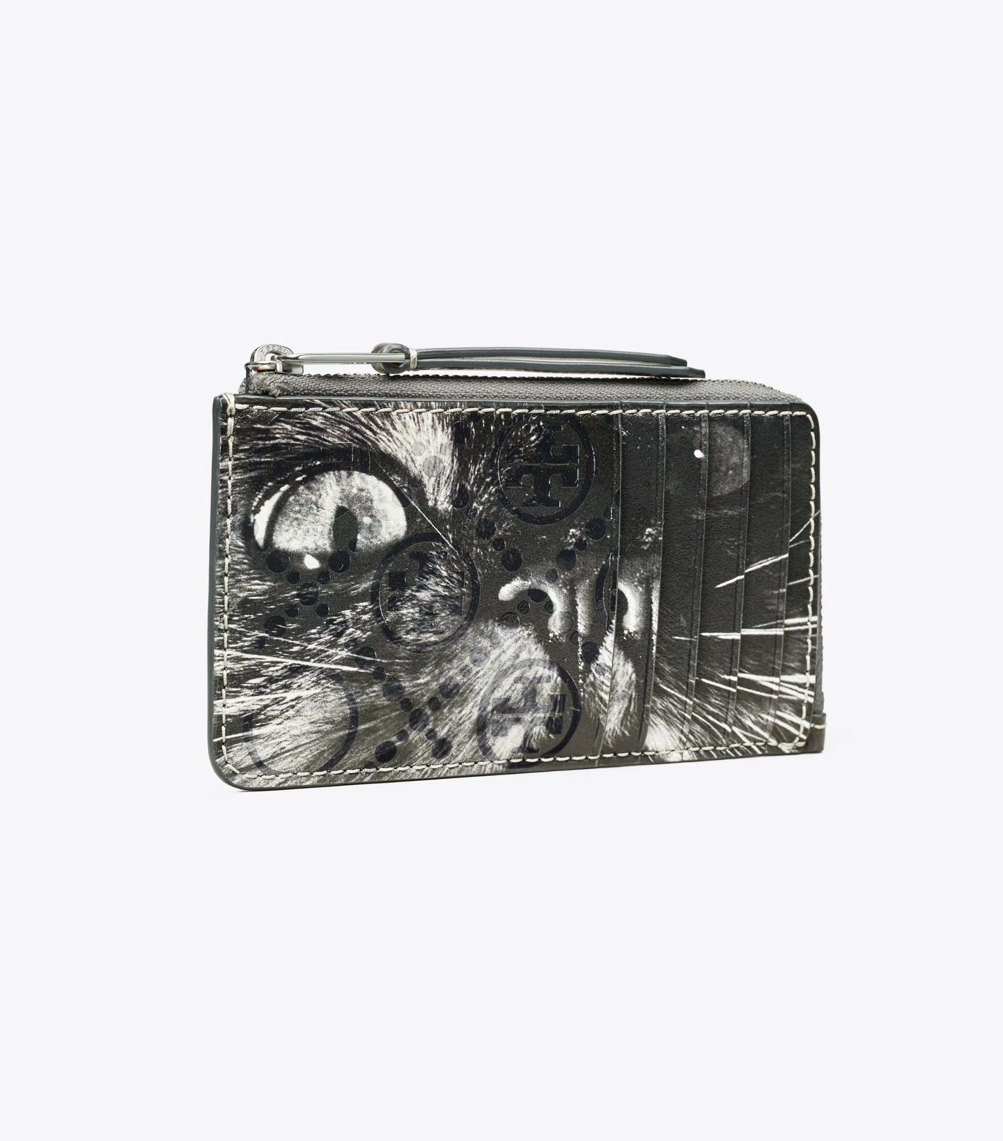 T Monogram Cat Printed Zip Card Case