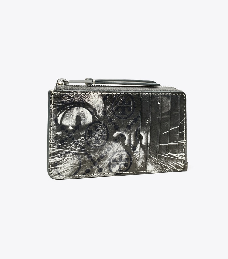 Tory Burch designer カードケース Tモノグラム キャットプリント ジップカードケース in Gray CAT PORTRAIT angle