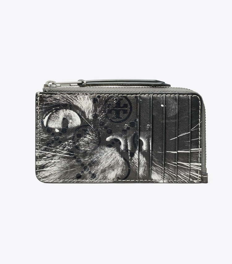 Tory Burch designer カードケース Tモノグラム キャットプリント ジップカードケース in Gray CAT PORTRAIT front