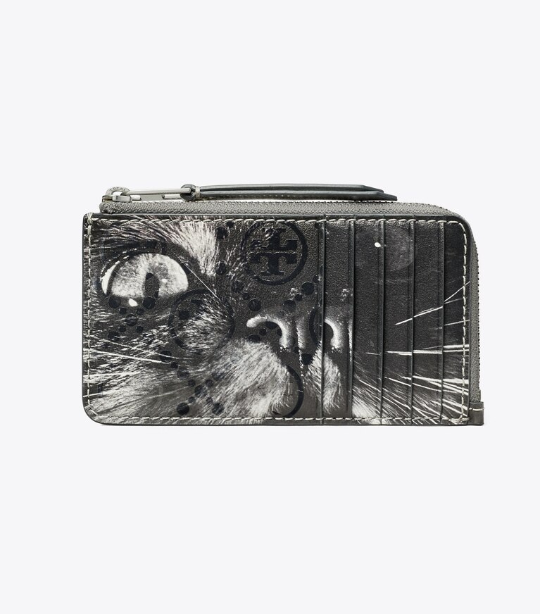 Tory Burch designer カードケース Tモノグラム キャットプリント ジップカードケース in Gray CAT PORTRAIT angle