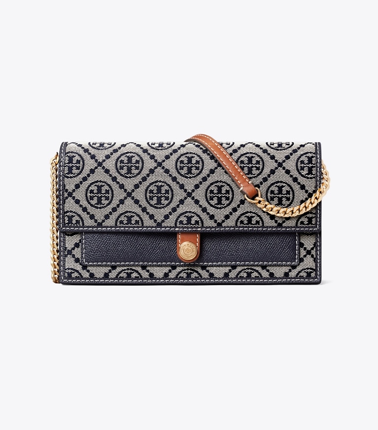 Tory Burch designer crossbody bags T Monogram Chain Wallet in TORY NAVY front