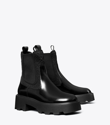 Tory Burch designer ankle boots T Monogram Chelsea Lug Boot in PERFECT BLACK angle