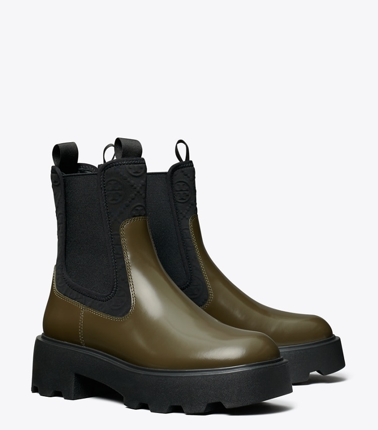 Tory Burch designer ankle boots T Monogram Chelsea Lug Boot in DARK OLIVE angle