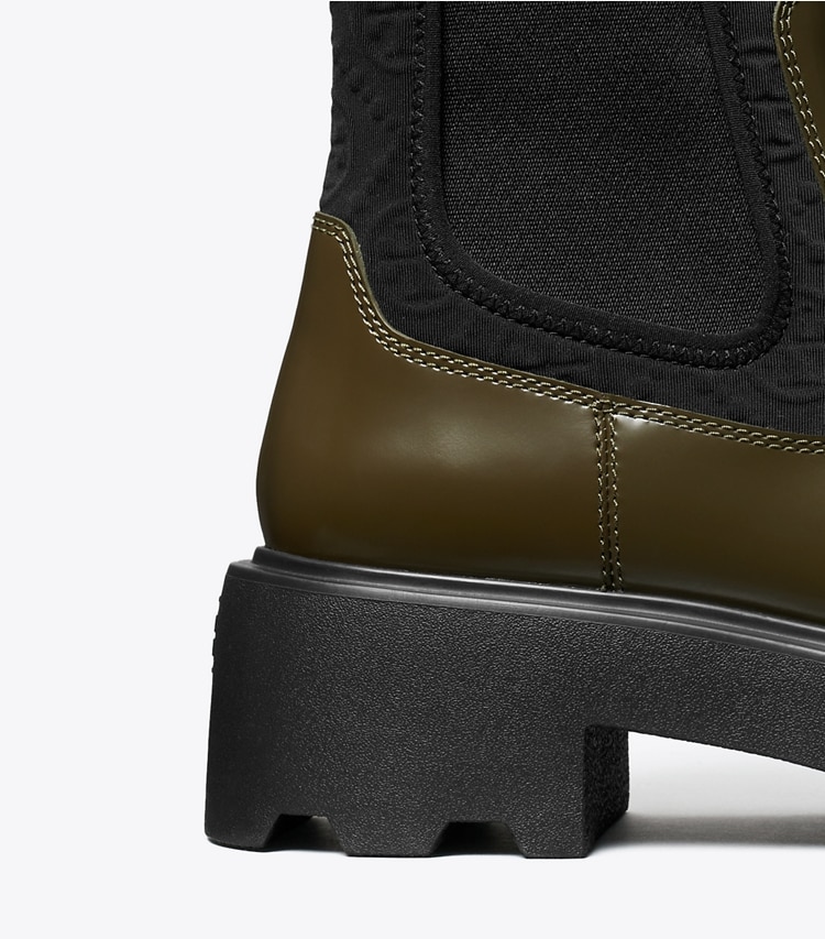 Tory Burch designer ankle boots T Monogram Chelsea Lug Boot in DARK OLIVE detail