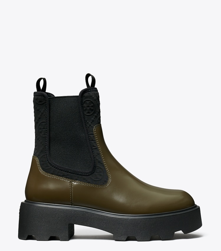 Tory Burch designer ankle boots T Monogram Chelsea Lug Boot in DARK OLIVE side