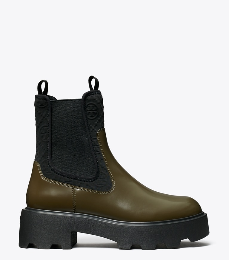 Tory Burch designer ankle boots T Monogram Chelsea Lug Boot in DARK OLIVE angle