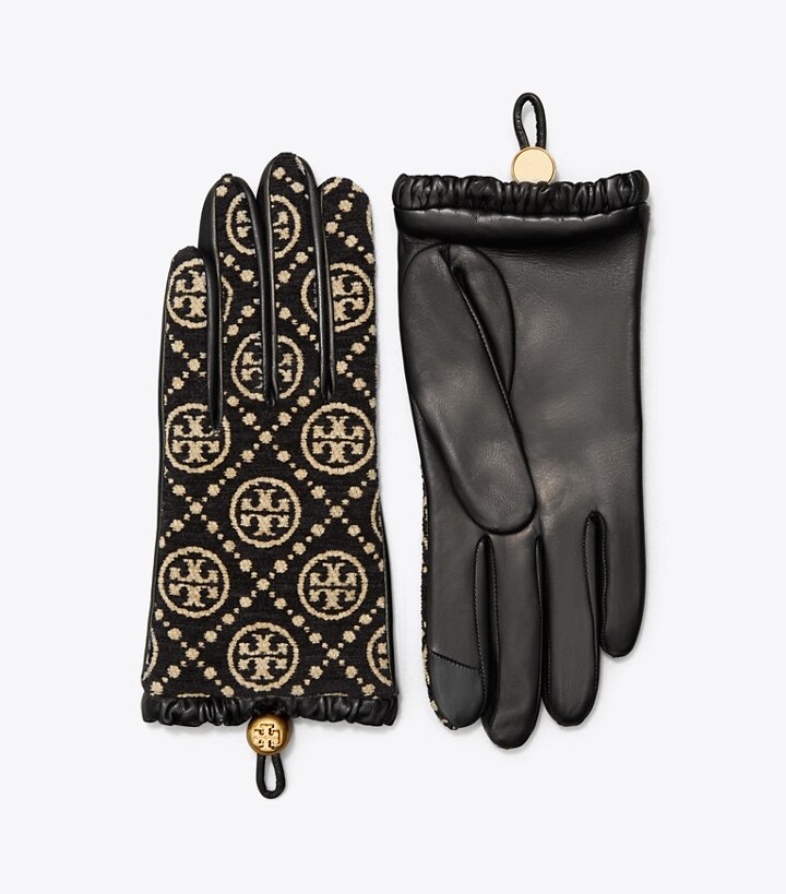 Tory Burch T Monogram Chenille & Leather Gloves in Black /New Cream