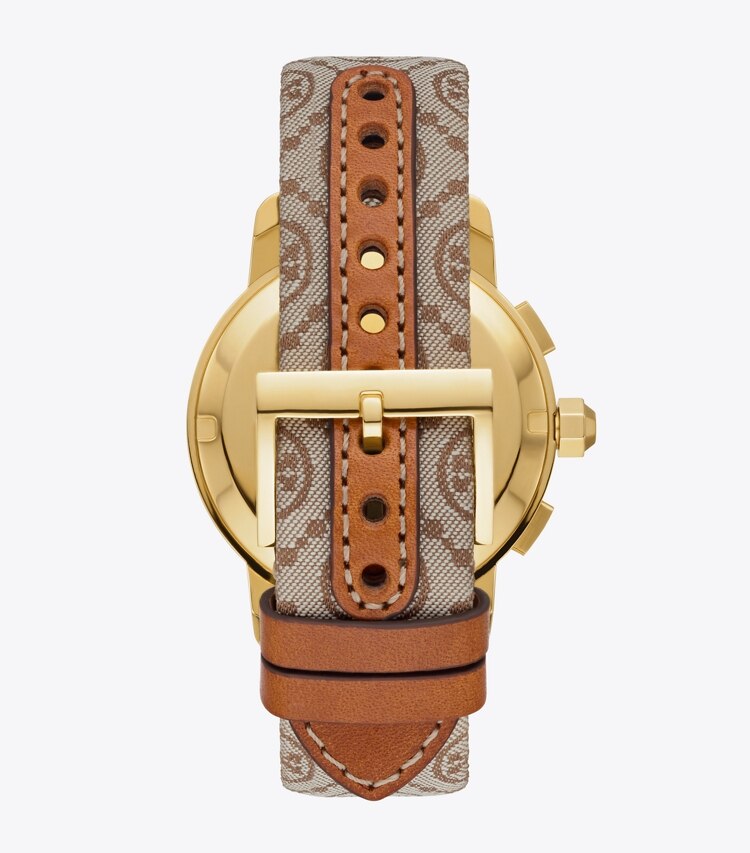 Tory Burch designer strap watches T Monogram Chronograph Watch in HAZEL JACQUARD/LUGGAGE back