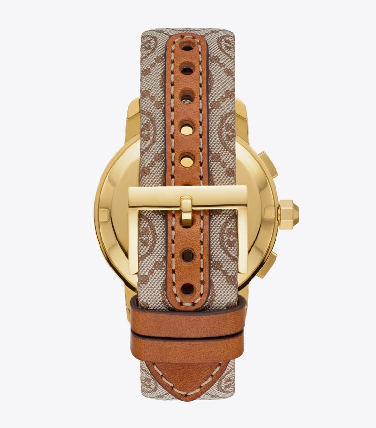 Tory Burch designer strap watches T Monogram Chronograph Watch in HAZEL JACQUARD/LUGGAGE front