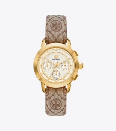 Tory Burch designer strap watches T Monogram Chronograph Watch in HAZEL JACQUARD/LUGGAGE front