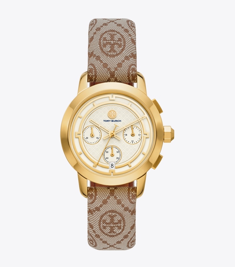 Tory Burch designer strap watches T Monogram Chronograph Watch in HAZEL JACQUARD/LUGGAGE front