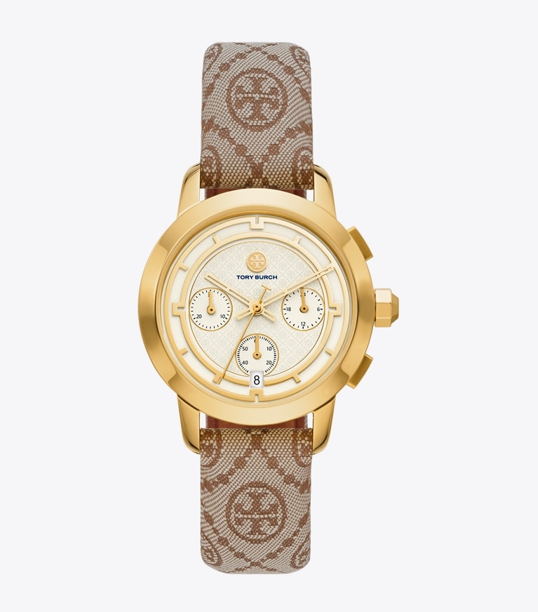 Tory Burch designer strap watches T Monogram Chronograph Watch in HAZEL JACQUARD/LUGGAGE front