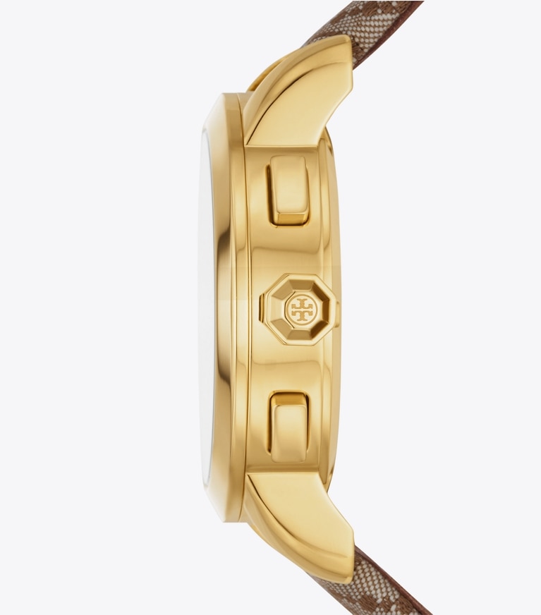Tory Burch designer strap watches T Monogram Chronograph Watch in HAZEL JACQUARD/LUGGAGE front