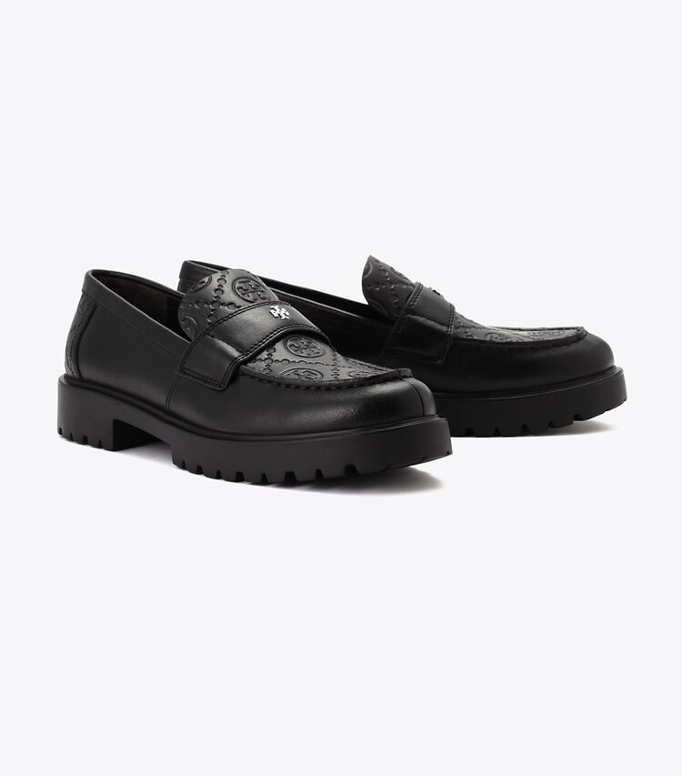 Tory Burch designer フラット Tモノグラム クラシック ラグローファー in PERFECT BLACK / PERFECT BLACK angle