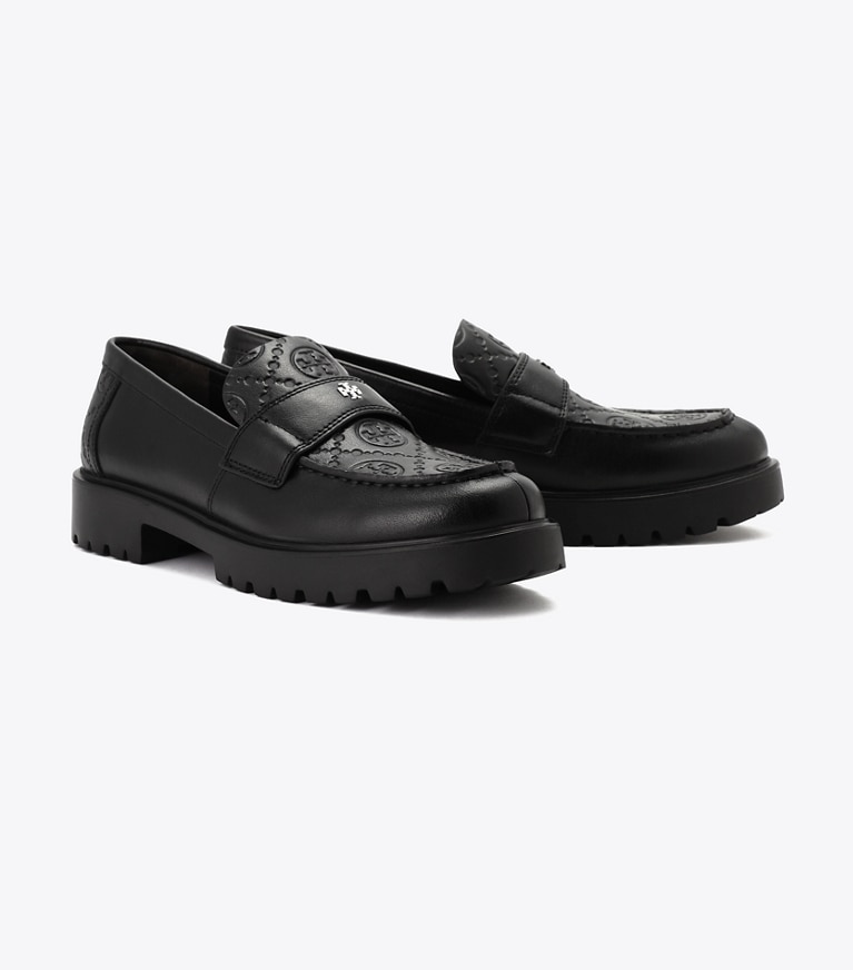 Tory Burch designer フラット Tモノグラム クラシック ラグローファー in PERFECT BLACK / PERFECT BLACK angle