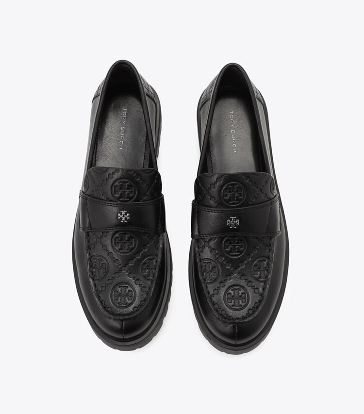 Tory Burch designer フラット Tモノグラム クラシック ラグローファー in PERFECT BLACK / PERFECT BLACK オーバーヘッド
