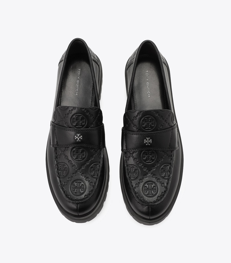 Tory Burch designer フラット Tモノグラム クラシック ラグローファー in PERFECT BLACK / PERFECT BLACK オーバーヘッド