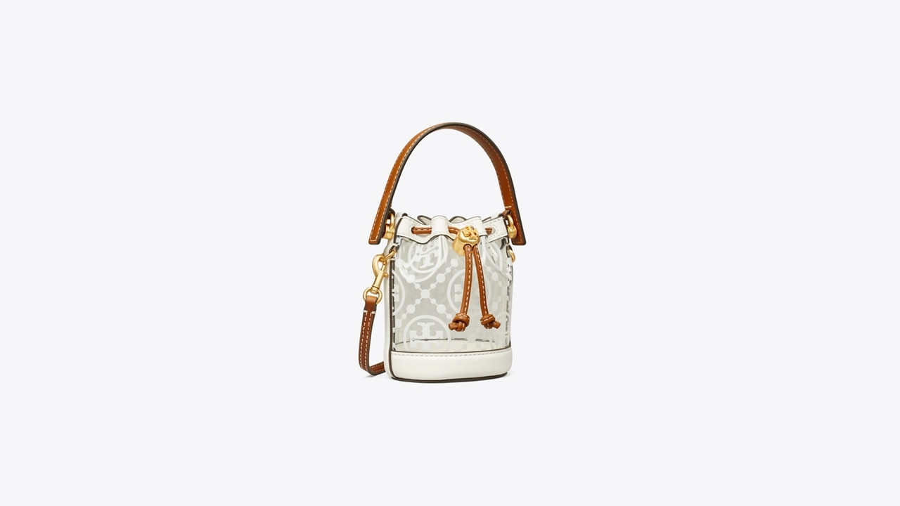 Tory Burch T Monogram Clear Micro Bucket Bag in White