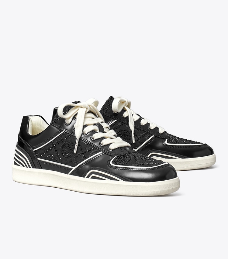 Tory Burch designer sneakers T Monogram Clover Court Sneaker in BLACK T MONOGRAM CRYSTAL / PERFECT BLACK angle