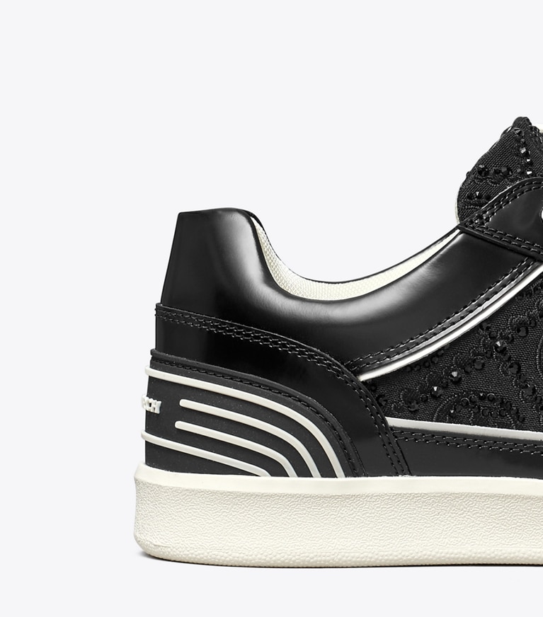 Tory Burch designer sneakers T Monogram Clover Court Sneaker in BLACK T MONOGRAM CRYSTAL / PERFECT BLACK angle