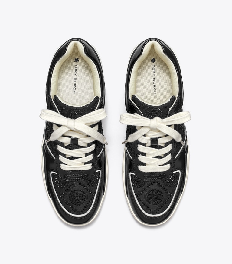 Tory Burch designer sneakers T Monogram Clover Court Sneaker in BLACK T MONOGRAM CRYSTAL / PERFECT BLACK angle