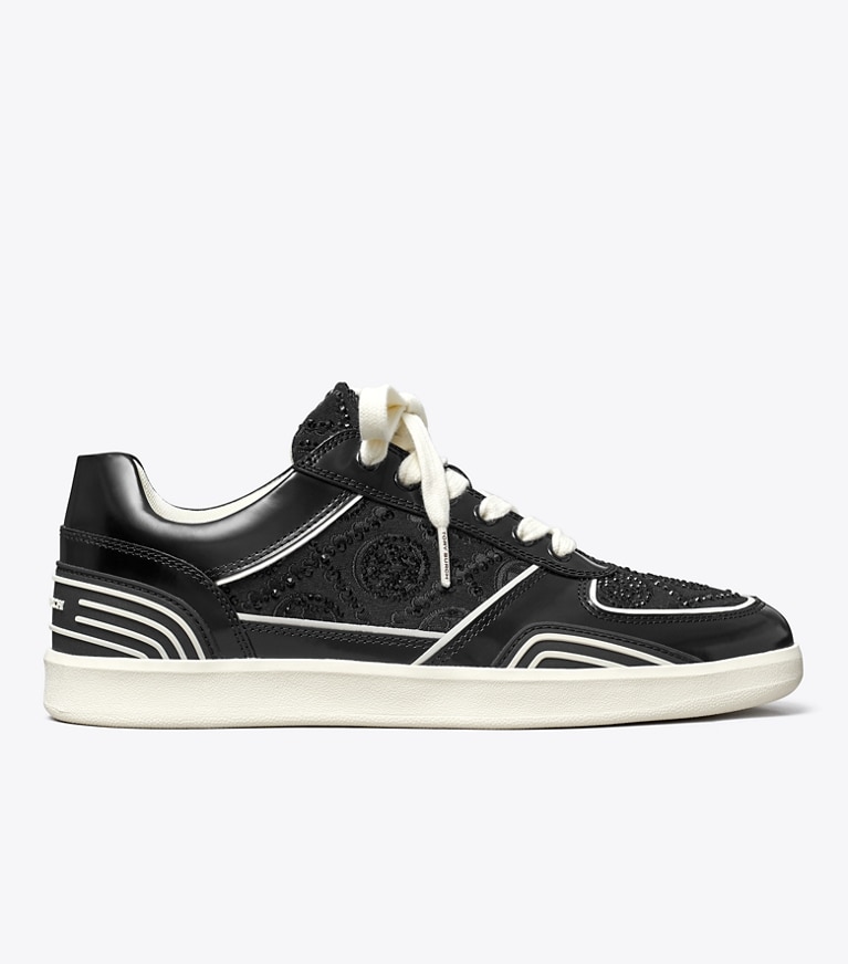 Tory Burch designer sneakers T Monogram Clover Court Sneaker in BLACK T MONOGRAM CRYSTAL / PERFECT BLACK angle