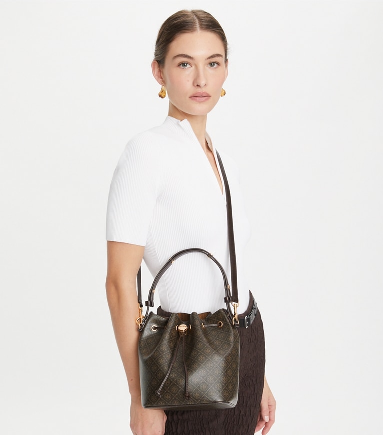 Tory Burch designer crossbody bags T Monogram Coated Canvas Bucket Bag in French Press angle