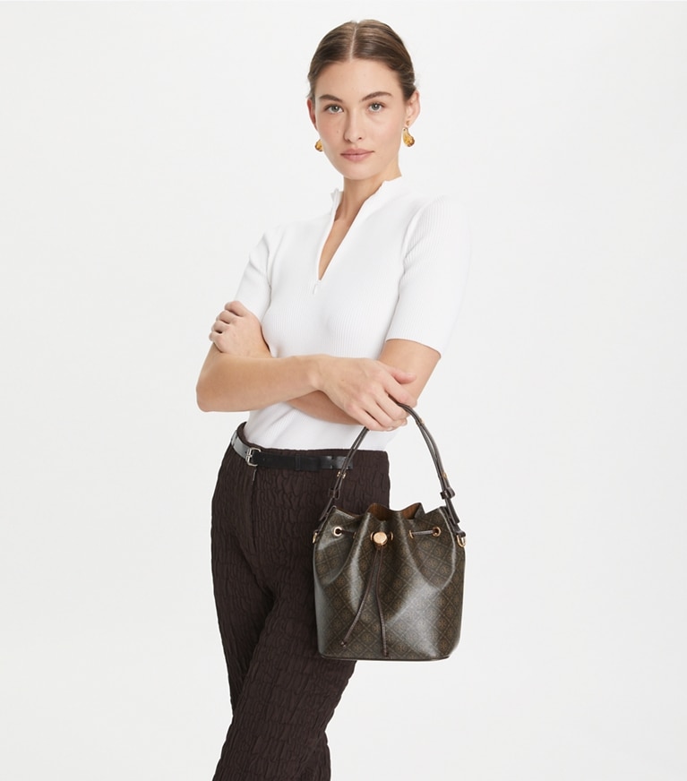 Tory Burch designer crossbody bags T Monogram Coated Canvas Bucket Bag in French Press angle