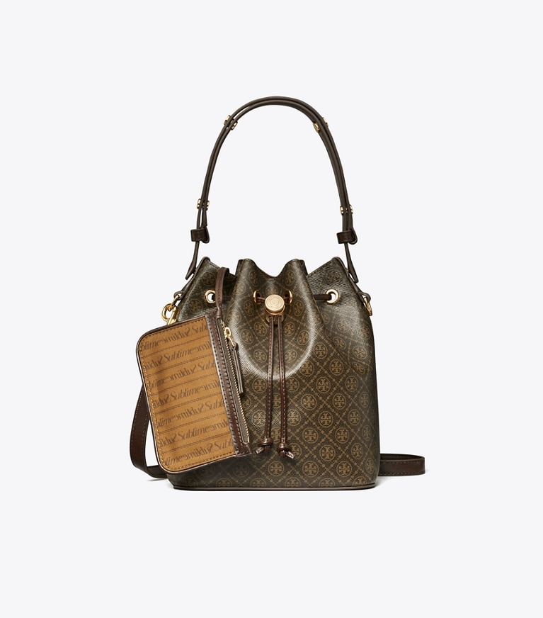 Tory Burch designer crossbody bags T Monogram Coated Canvas Bucket Bag in French Press angle