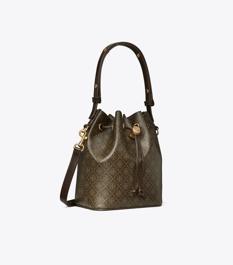 Tory Burch designer crossbody bags T Monogram Coated Canvas Bucket Bag in French Press angle