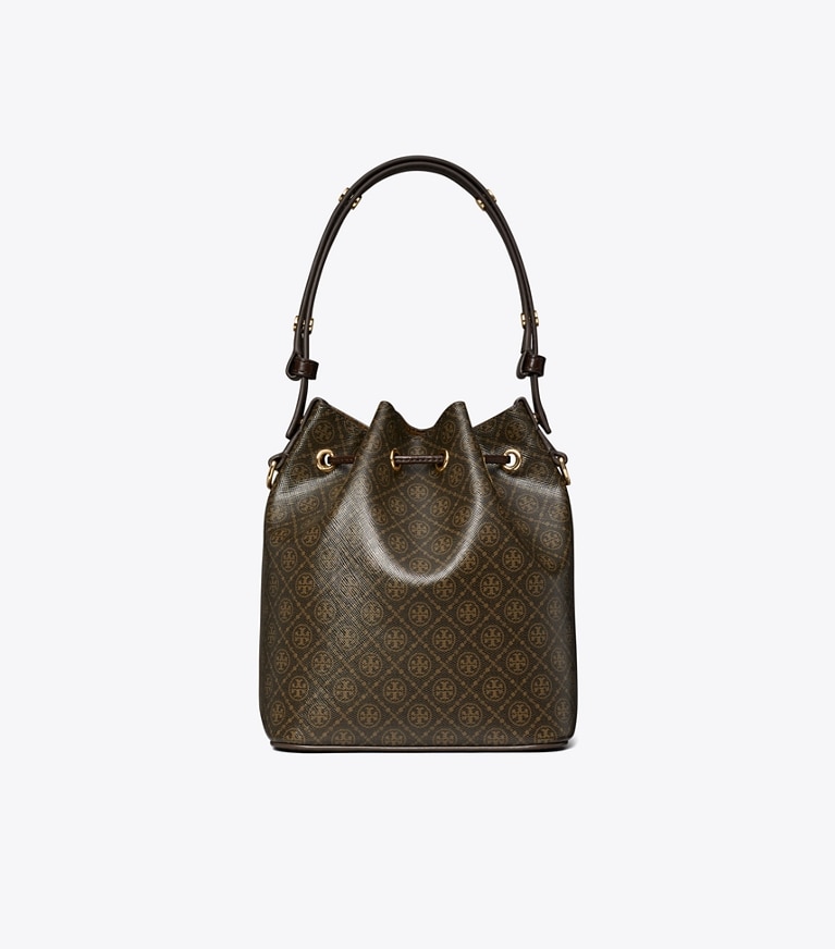 Tory Burch designer crossbody bags T Monogram Coated Canvas Bucket Bag in French Press angle