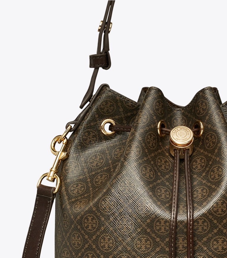 Tory Burch designer crossbody bags T Monogram Coated Canvas Bucket Bag in French Press angle