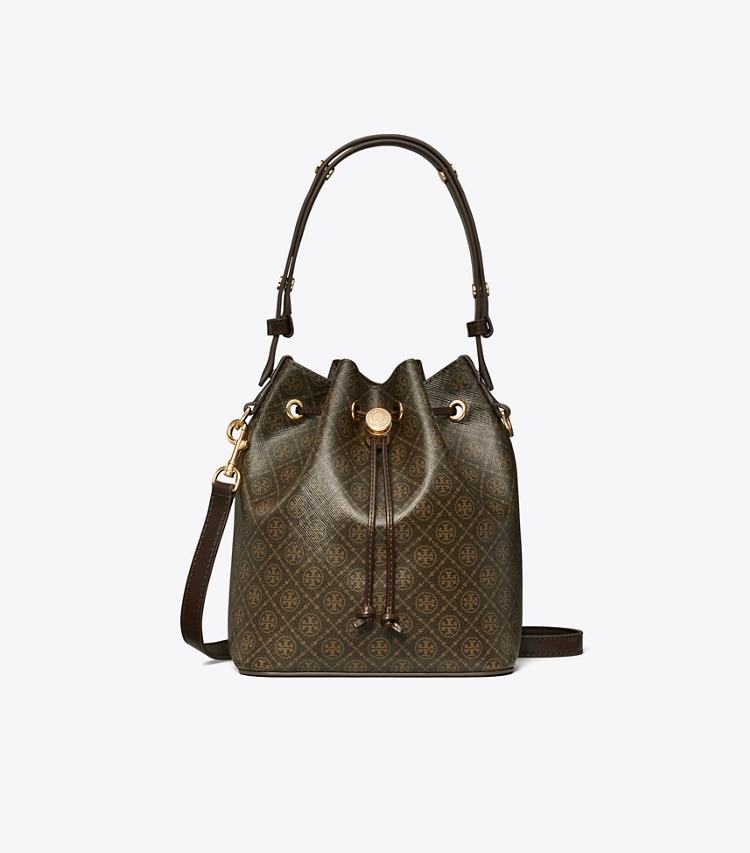 Tory Burch designer crossbody bags T Monogram Coated Canvas Bucket Bag in French Press front