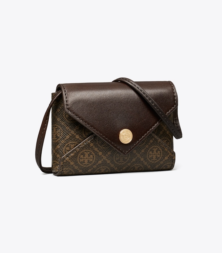 Tory Burch designer travel accessories T Monogram Coated Canvas Card Case Lanyard in French Press angle