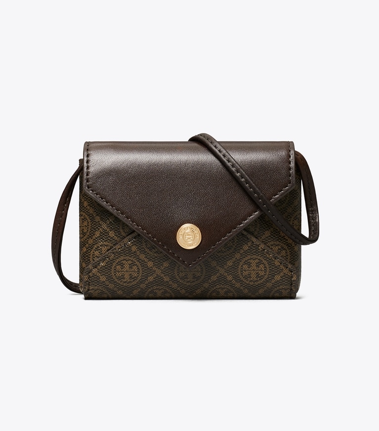 Tory Burch designer travel accessories T Monogram Coated Canvas Card Case Lanyard in French Press angle