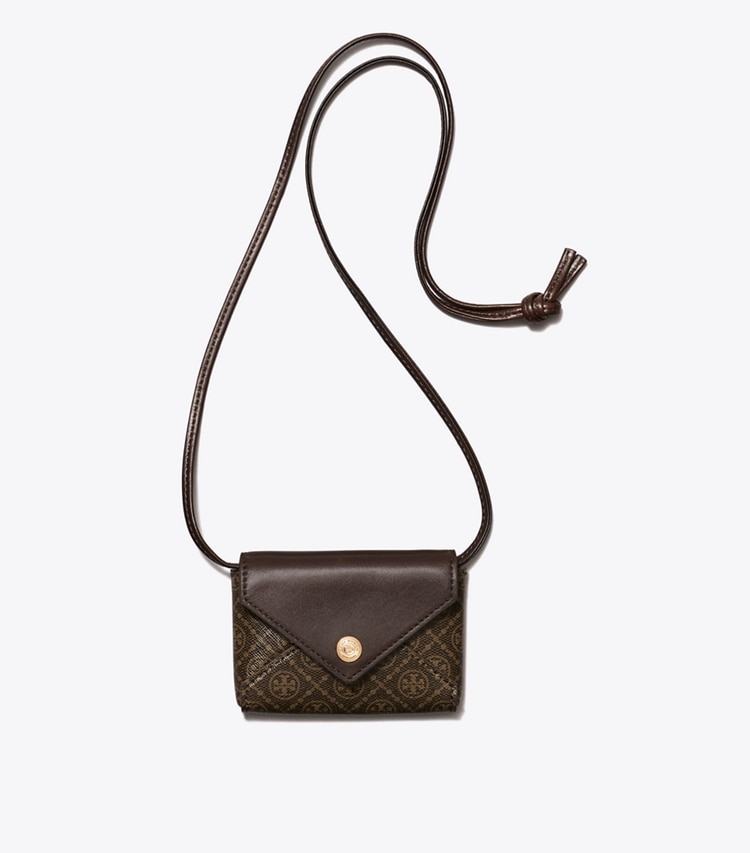 Tory Burch designer travel accessories T Monogram Coated Canvas Card Case Lanyard in French Press overhead