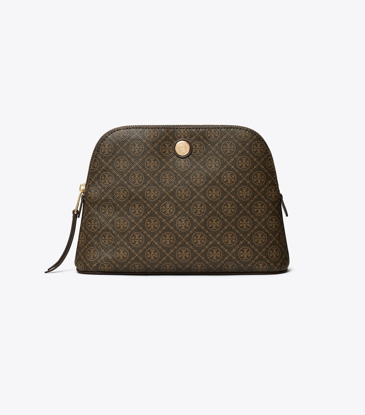 Tory Burch designer cosmetic bags T Monogram Coated Canvas Dome Cosmetic Case in French Press front