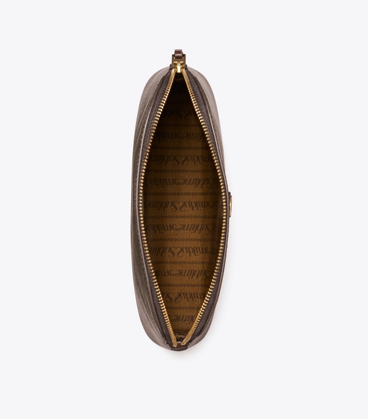 Tory Burch designer cosmetic bags T Monogram Coated Canvas Dome Cosmetic Case in French Press overhead