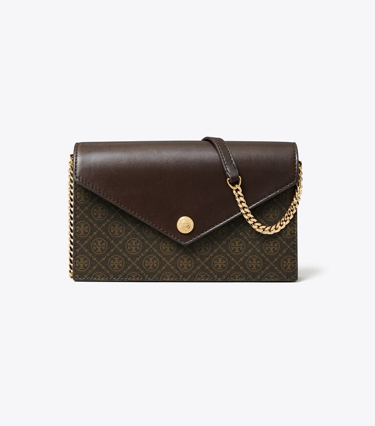 Tory Burch designer ミニバッグ Tモノグラム コーテッドキャンバス エンベロープ チェーンウォレット in French Press angle