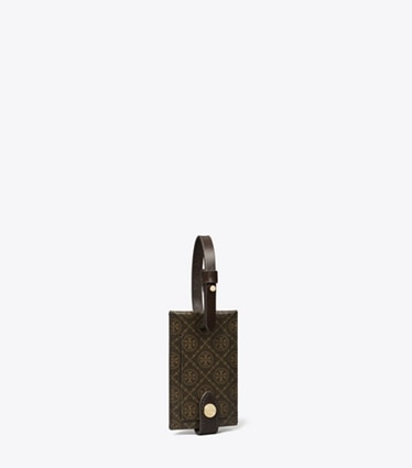 Tory Burch designer travel accessories T Monogram Coated Canvas Luggage Tag in French Press angle