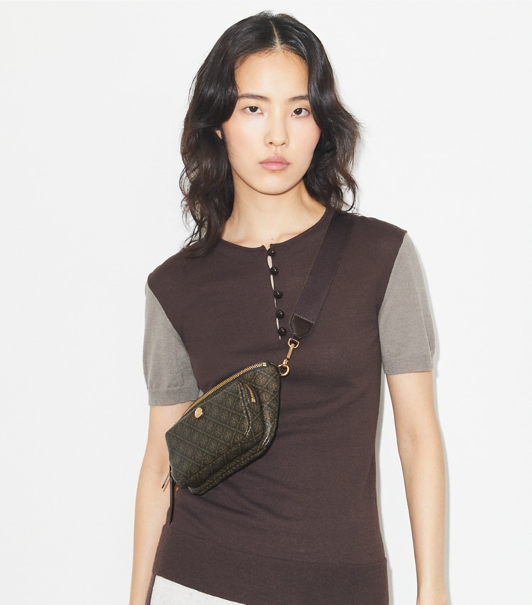 Tory Burch designer belt bags T Monogram Coated Canvas Mini Belt Bag in French Press accessory on model