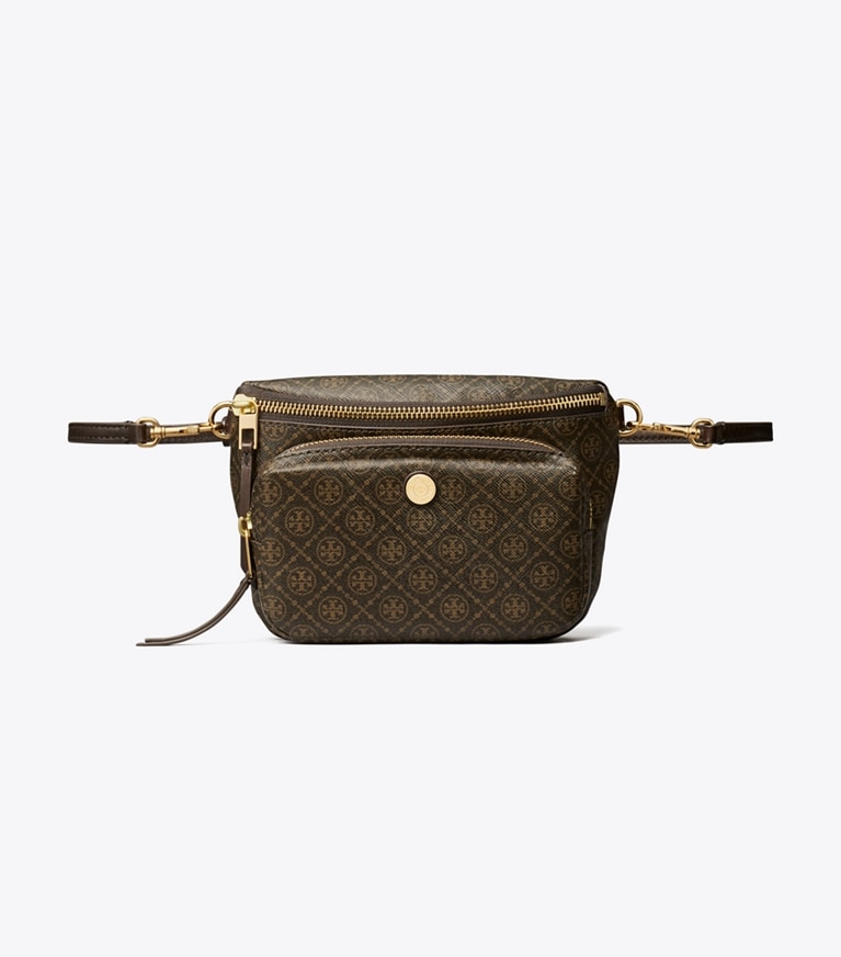 Tory Burch designer belt bags T Monogram Coated Canvas Mini Belt Bag in French Press angle