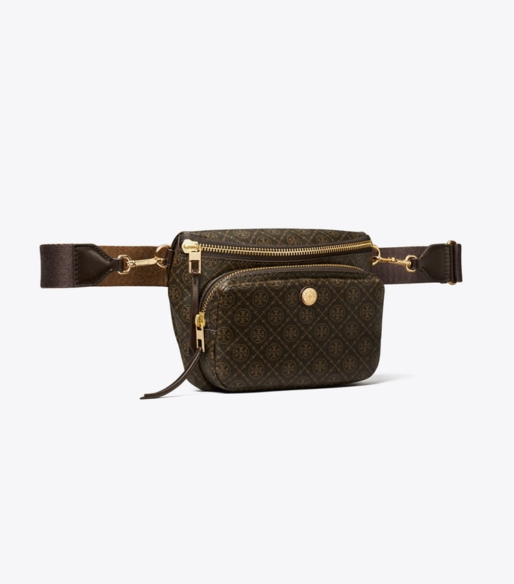 Tory Burch designer belt bags T Monogram Coated Canvas Mini Belt Bag in French Press angle