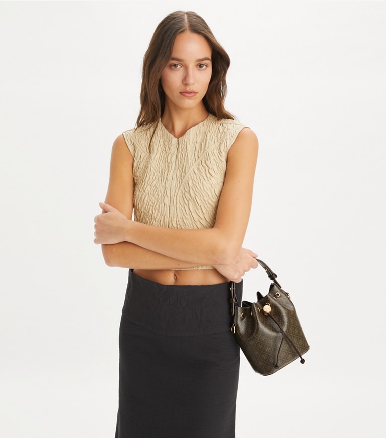 Tory Burch designer crossbody bags T Monogram Coated Canvas Mini Bucket Bag in French Press angle