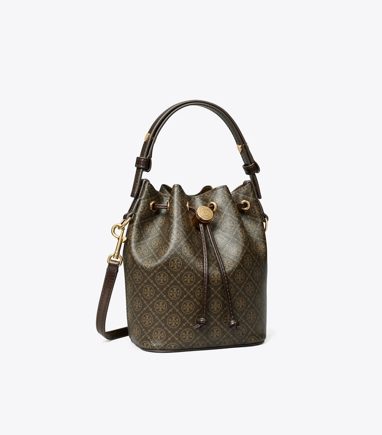 Tory Burch designer crossbody bags T Monogram Coated Canvas Mini Bucket Bag in French Press angle